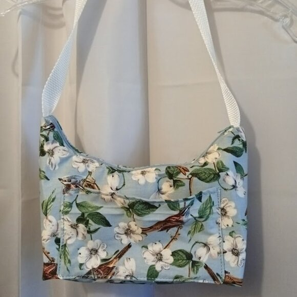 New Floral Birds Top handle Shoulder Bag Purse Blue White Crescent Baguette - Picture 6 of 7